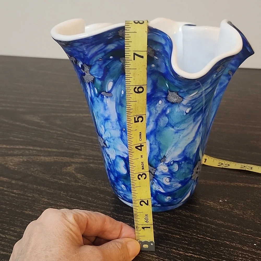 Alicja Poland Fluted Art Glass Handkerchief Vase Blue Silver